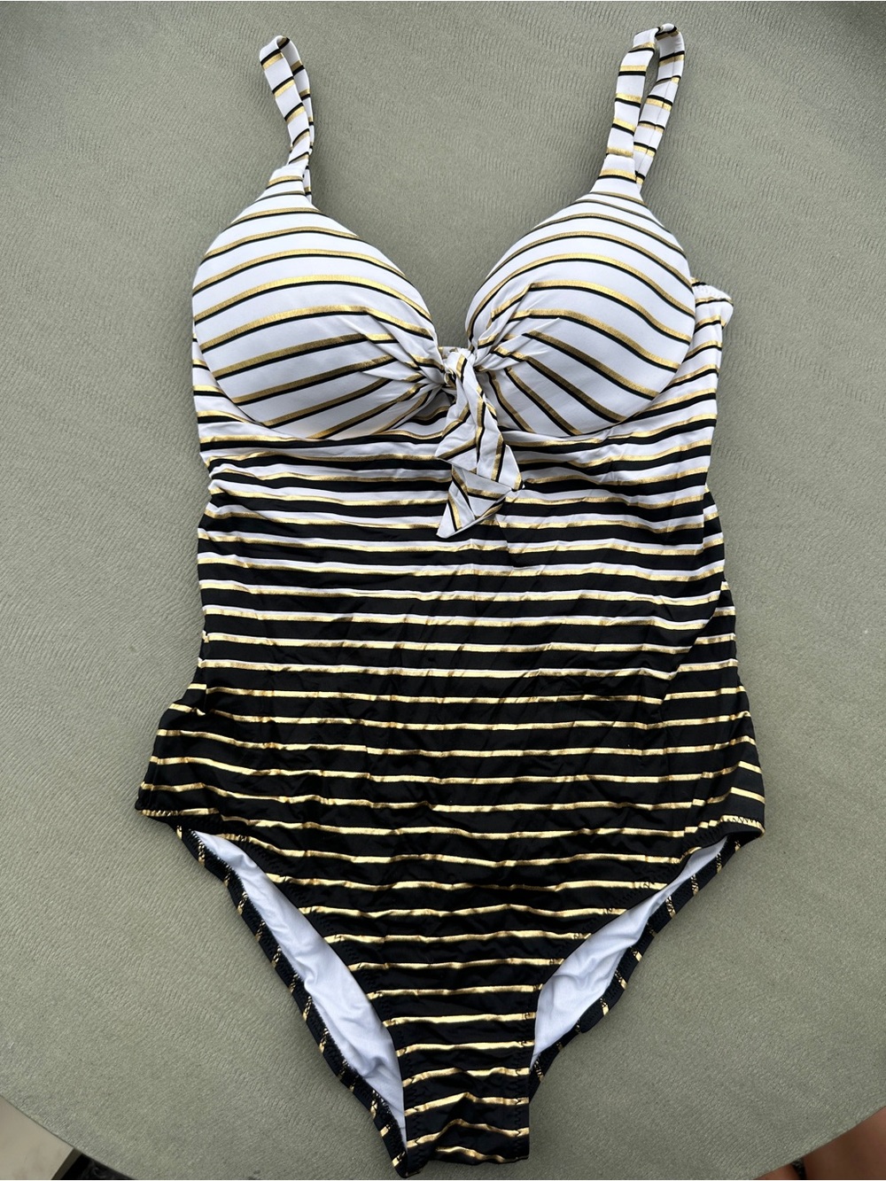 Striped Black & White One-Piece Swimsuit with Gold Accents